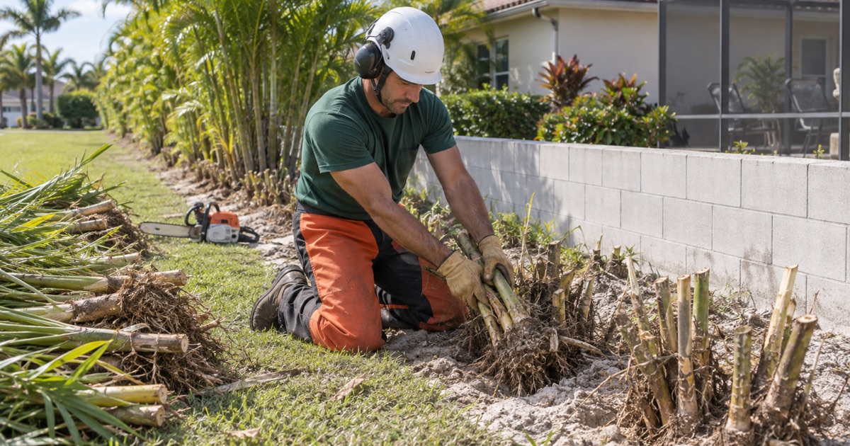 Worker gathering a cut areca palm stem cluster out of a Fort Myers boundary planting.