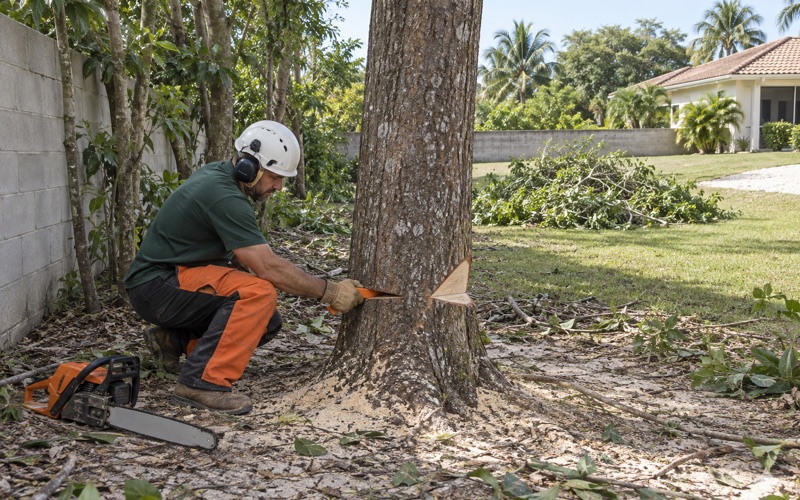 Worker seating a felling wedge in the back cut of a java plum at a Fort Myers rear boundary.