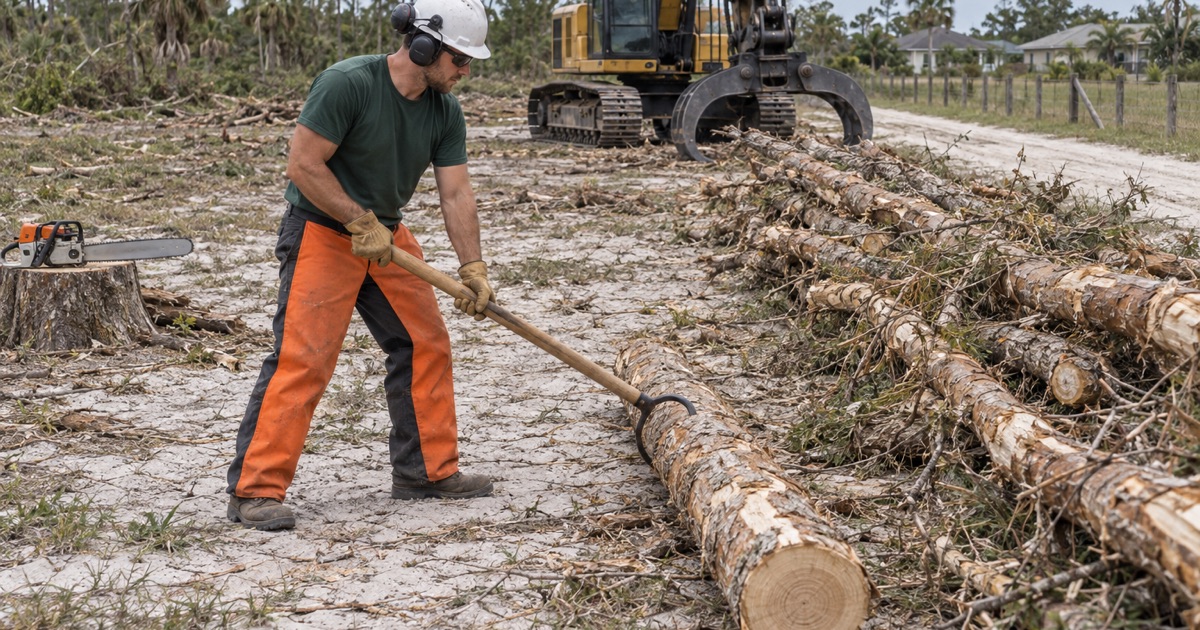 Worker rolling a cut melaleuca cull log onto a windrow with a cant hook on a Fort Myers clearing lot.