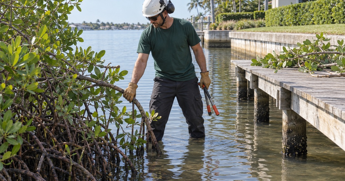 Worker steadying a red mangrove prop root while cutting back a low branch at a Fort Myers tidal shoreline.