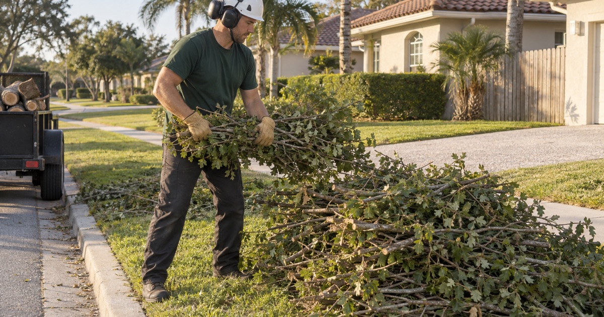 Worker stacking a bundle of cut water oak brushwood in a compact pile inside the line at a Fort Myers verge.