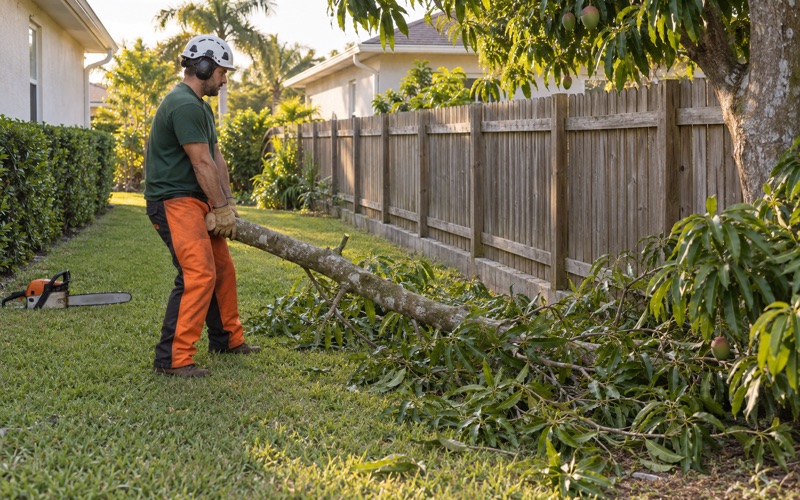 Worker lifting a severed mango limb butt back off a neighbor's turf at a Fort Myers boundary.
