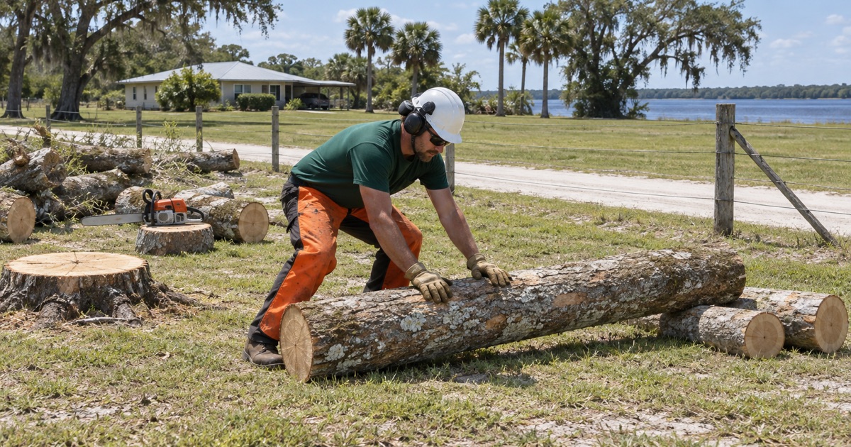 Worker rolling a live oak cull log to a log bunk on rural Alva acreage by the Caloosahatchee.