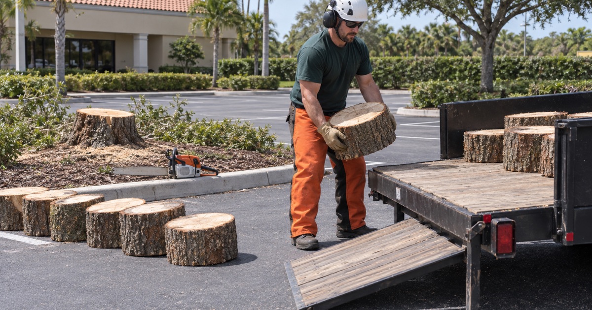 Worker lifting a cut live oak round out of a landscaped parking island in Bonita Springs.