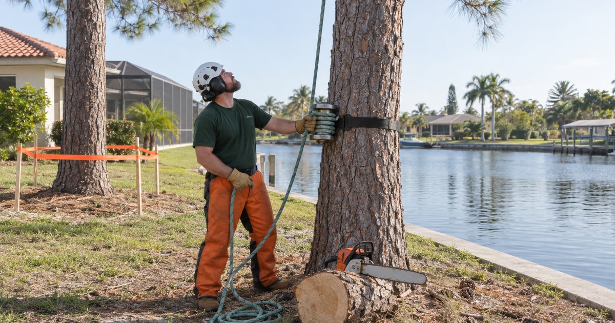 Ground worker with a hand on a lowering bollard at a slash pine on a Cape Coral canal lot.