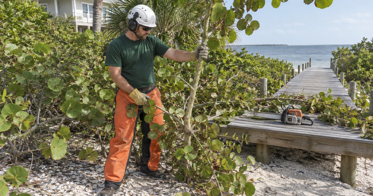 Worker trimming sea grape back from a raised walk on a sand-and-shell Captiva lot.