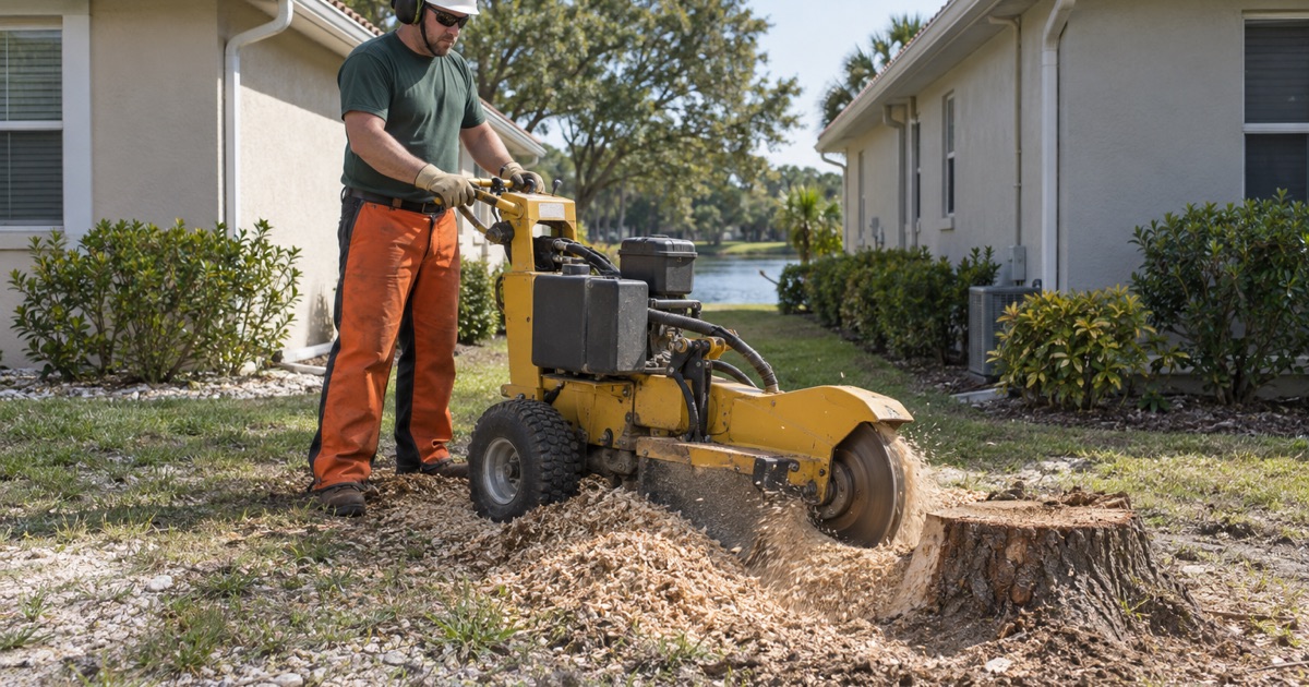 Worker sweeping a grinder wheel across a water oak stump face between attached homes in Cypress Lake.