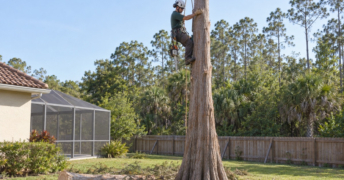 Climber on a bald cypress spar at the preserve edge behind an Estero subdivision lot.