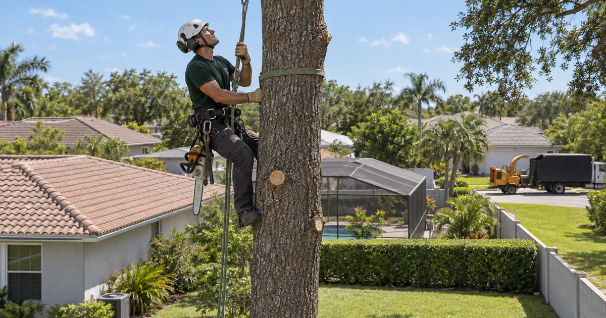 Climber dressing a rigging sling on a laurel oak stem above a Fort Myers back yard.