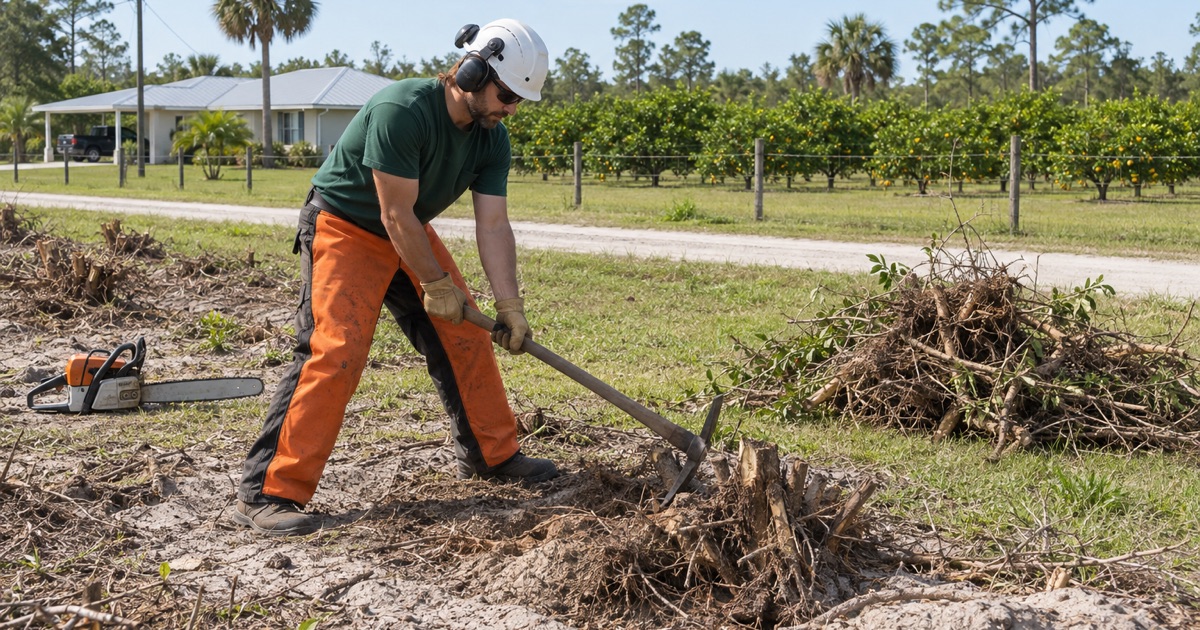 Worker grubbing out a cut Brazilian pepper root mass at the edge of an Immokalee grove.