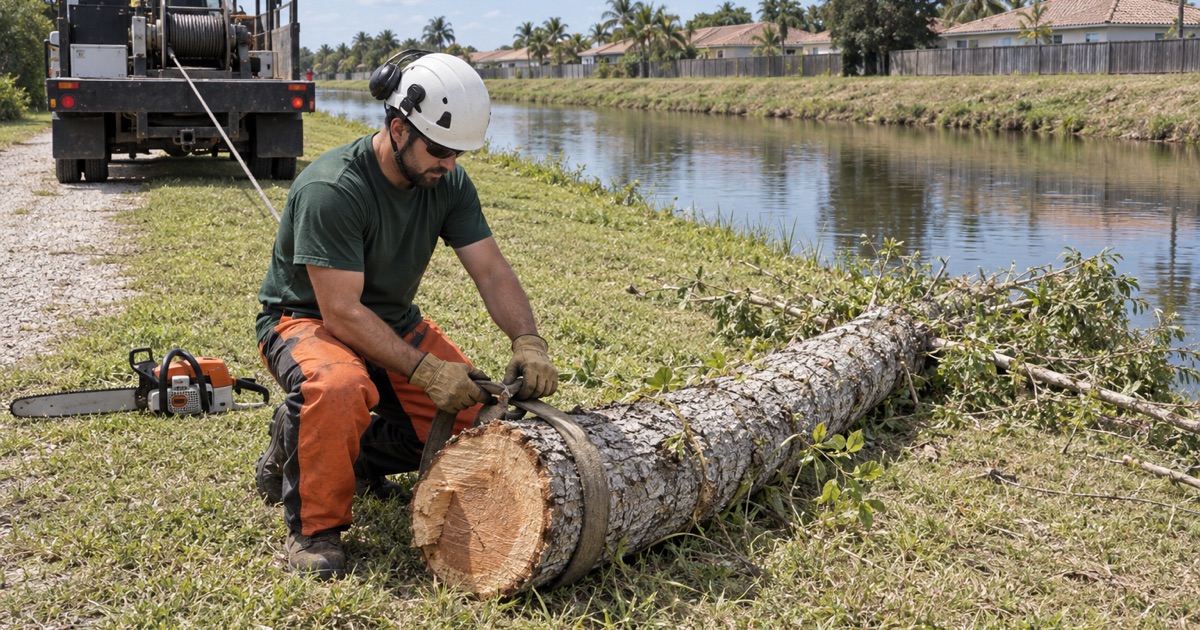 Worker dressing a choker strap on a felled carrotwood at a Lehigh Acres canal bank right-of-way.