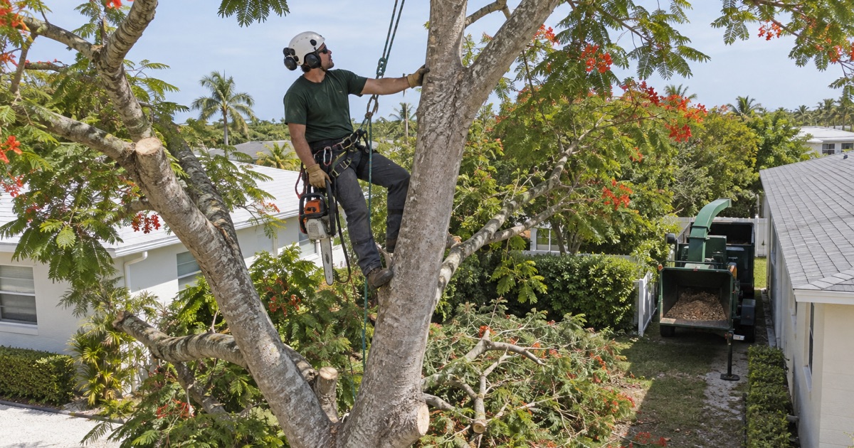 Climber on a royal poinciana stem over a small platted Naples Park lot.