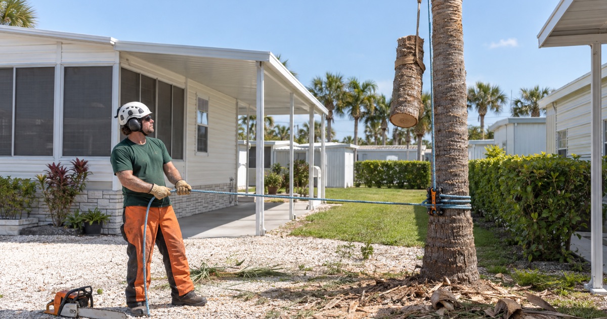 Ground worker on the rope tail as a washingtonia palm section is lowered over a North Fort Myers park lot.