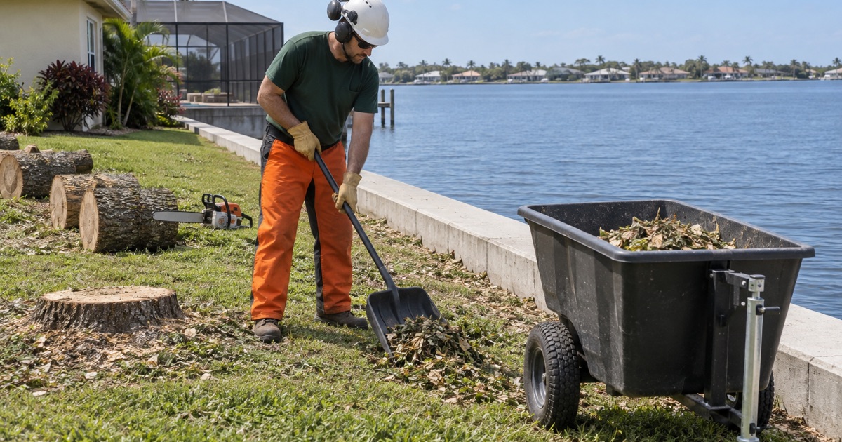 Worker scooping chips off the sodded strip beside a Punta Gorda seawall after a black olive removal.