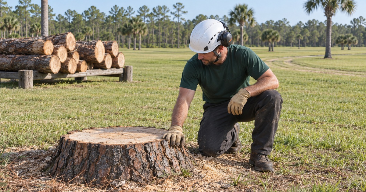 Worker at a cut slash pine stump on mown Punta Rassa common grounds.