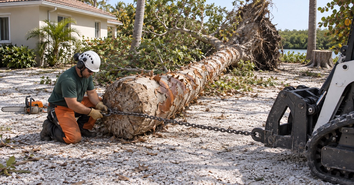 Worker setting a chain sling hook under the butt of a toppled gumbo limbo on a Sanibel lot.