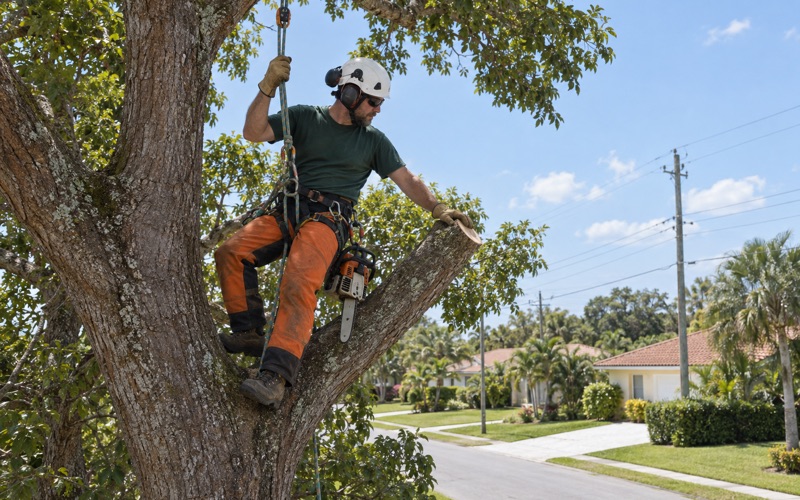 Climber on rope making a reduction cut at the branch collar of a mahogany limb over a Fort Myers street.
